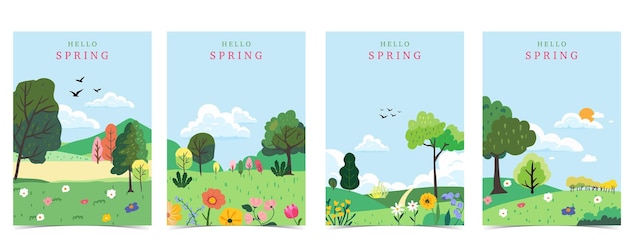 Fondo de paisaje de primavera con montaña y árbol para diseño vertical a4
