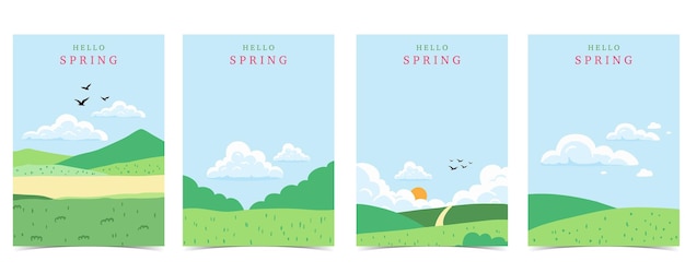 Fondo de paisaje de primavera con montaña y árbol para diseño vertical a4