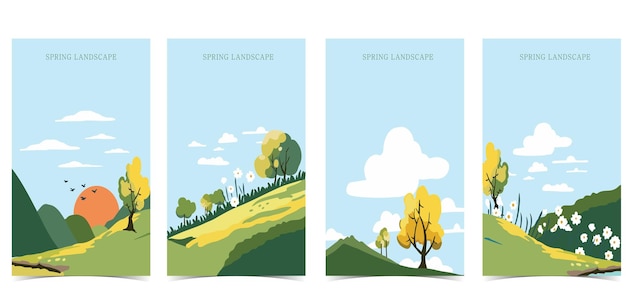 Fondo de paisaje de primavera con montaña y árbol Ilustración vectorial editable para postcard de tamaño vertical 4