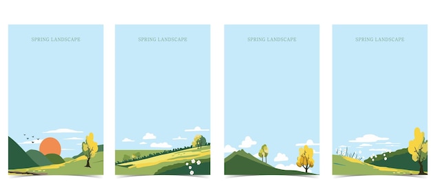 Fondo de paisaje de primavera con montaña y árbol Ilustración vectorial editable