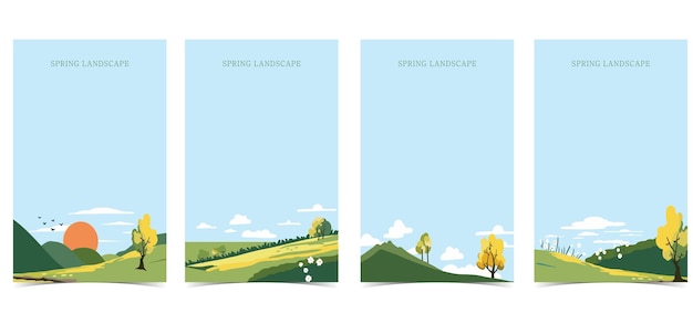 Vector fondo de paisaje de primavera con montaña y árbol ilustración vectorial editable