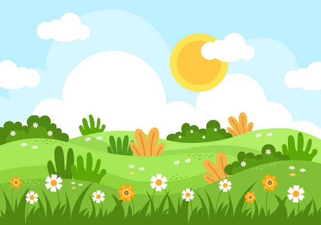 Fondo de paisaje de primavera con temporada de flores, arco iris y planta para promociones, revistas, publicidad o sitios web. naturaleza, vector, ilustración