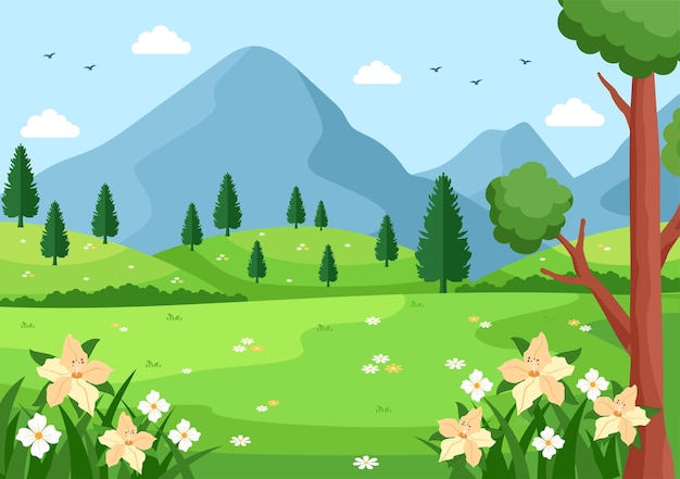 Fondo de paisaje de primavera con temporada de flores, arco iris y planta para promociones, revistas, publicidad o sitios web. naturaleza, vector, ilustración