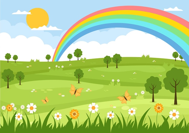 Fondo de paisaje de primavera con temporada de flores, arco iris y planta para promociones, revistas, publicidad o sitios web. naturaleza, vector, ilustración