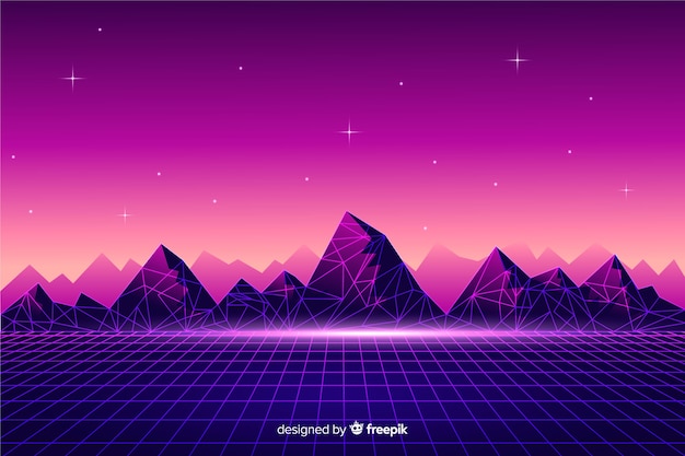 Vector fondo con paisaje retro futurista de ciencia ficción, color morado