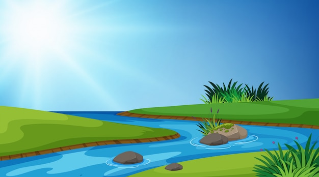 Vector fondo de paisaje de río y hierba verde