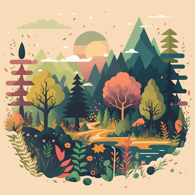 Fondo de paisaje de selva de bosque de montaña de naturaleza en color plano vectorial