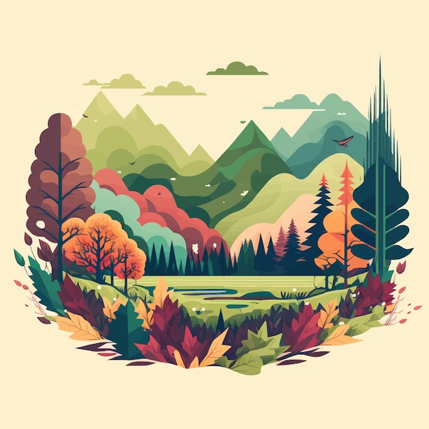 Fondo de paisaje de selva de bosque de montaña de naturaleza en color plano vectorial