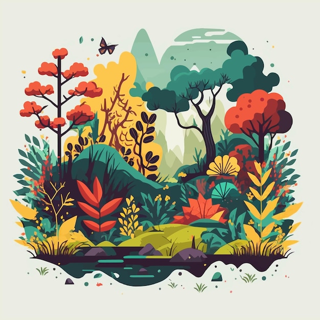 Fondo de paisaje de selva de bosque de montaña de naturaleza en color plano vectorial