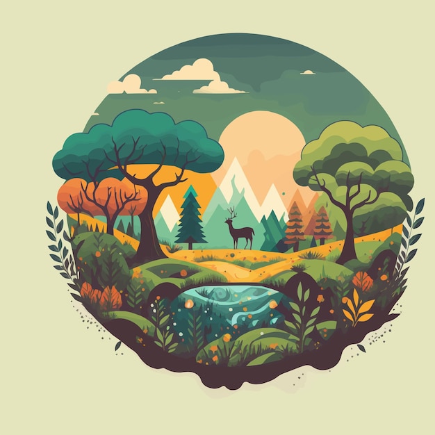 Fondo de paisaje de selva de bosque de montaña de naturaleza en color plano vectorial