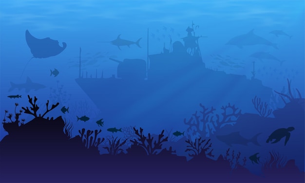 Fondo de paisaje submarino con silueta de naufragio delfín raya y tortuga