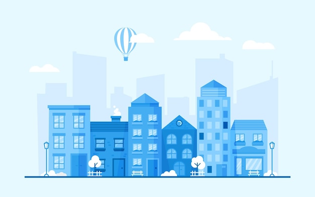 Fondo de paisaje urbano con casas azules de diferentes formas y globo caliente volador Vista de la calle de la ciudad