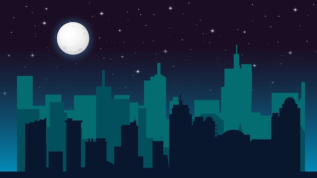 Fondo de paisaje urbano nocturno vectorial con luna y comienzos