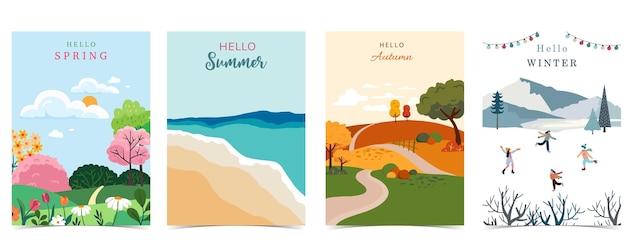 Fondo de paisaje de vacaciones de cuatro estaciones con montaña y árbol para diseño vertical a4