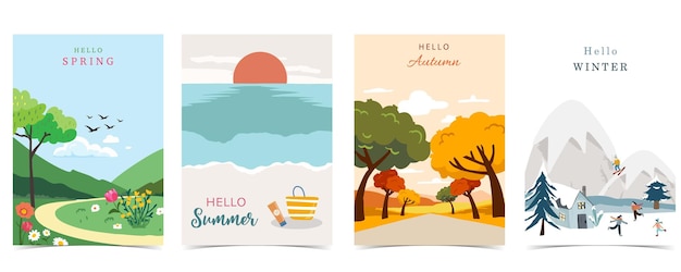Fondo de paisaje de vacaciones de cuatro estaciones con montaña y árbol para diseño vertical a4