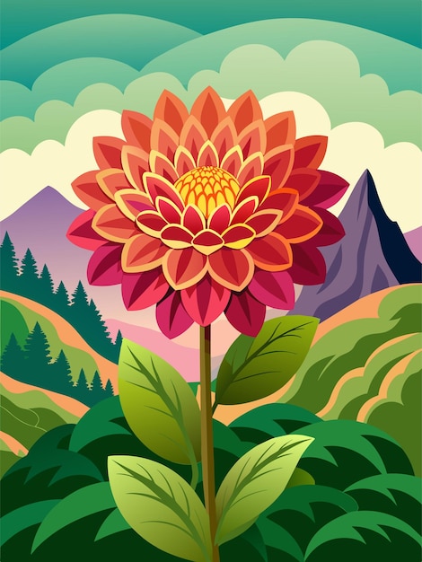 El fondo del paisaje vectorial de dalia presenta un vibrante prado floral con coloridas flores de dalia en