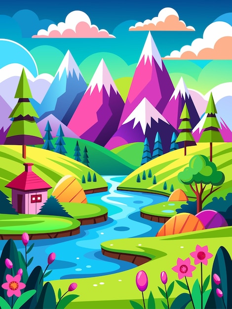 El fondo del paisaje vectorial de diseño 2d sereno con colinas onduladas montañas distantes y un azul claro s