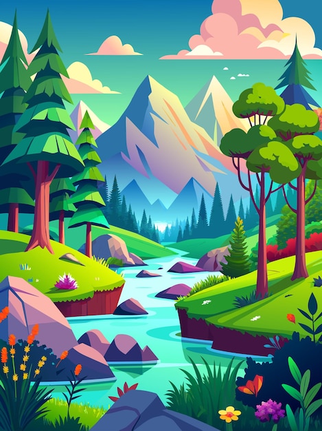 El fondo del paisaje vectorial de natures representa una escena serena y tranquila con colinas onduladas un flujo