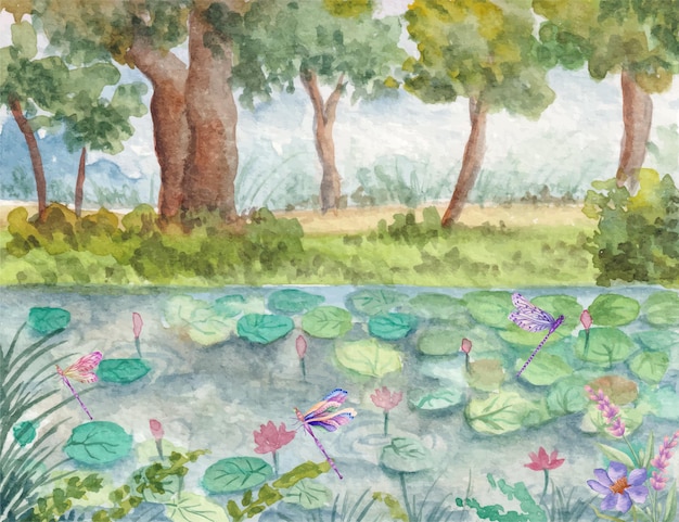 Fondo de paisaje de vista de estanque de primavera de acuarela pintada a mano