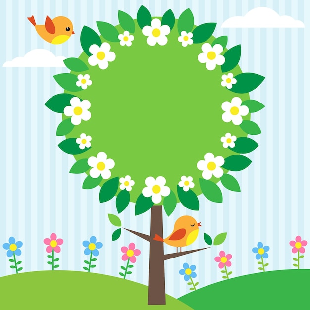 Vector fondo con pájaros flores y árbol floreciente