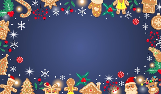 Fondo de pan de jengibre de Navidad azul oscuro horizontal Diseño de Navidad con cookies Espacio vacío para texto