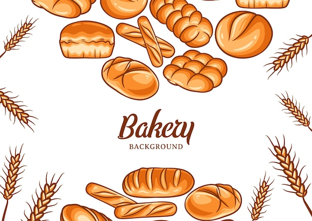 Fondo de panadería con ilustración de vector de pan colorido. Menú de panadería o pastelería