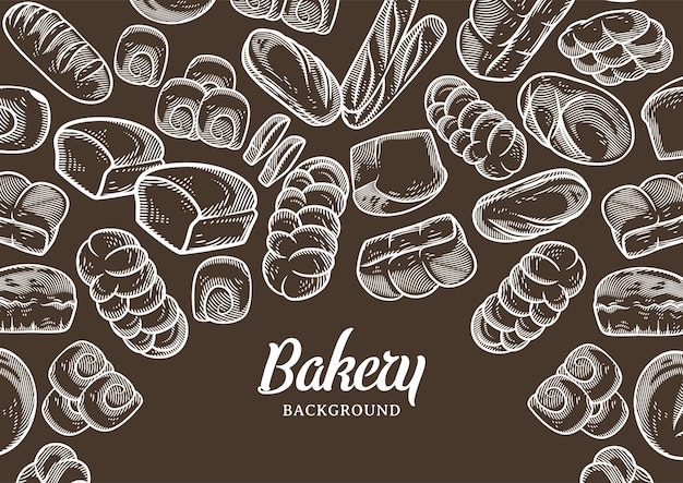 Fondo de panadería vintage con ilustración de vector de pan esbozado. Menú de panadería o pastelería
