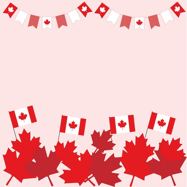 Fondo para una pancarta o postal para la invitación del Día de la Independencia de Canadá con banderas de hojas de arce y guirnaldas