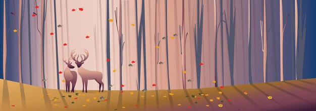 Fondo de panorama con paisaje de bosque caducifolio en otoño