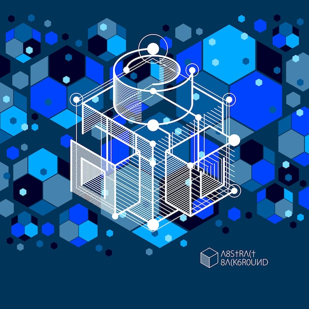 Fondo de pantalla azul oscuro vectorial de tecnología de ingeniería hecho con cubos y líneas 3D. Papel pintado tecnológico de ingeniería hecho con panales. Antecedentes técnicos abstractos.