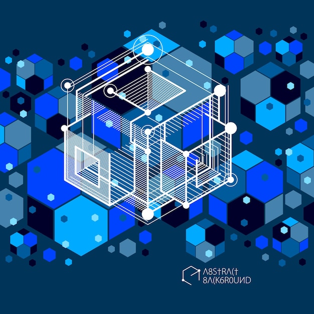 Fondo de pantalla azul oscuro vectorial de tecnología de ingeniería hecho con cubos y líneas 3d. papel pintado tecnológico de ingeniería hecho con panales. antecedentes técnicos abstractos.