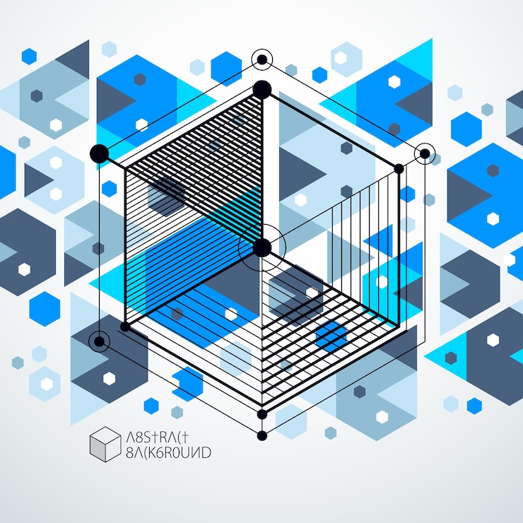 Vector fondo de pantalla azul vectorial de tecnología de ingeniería hecho con cubos y líneas 3d. papel pintado tecnológico de ingeniería hecho con panales. antecedentes técnicos abstractos.