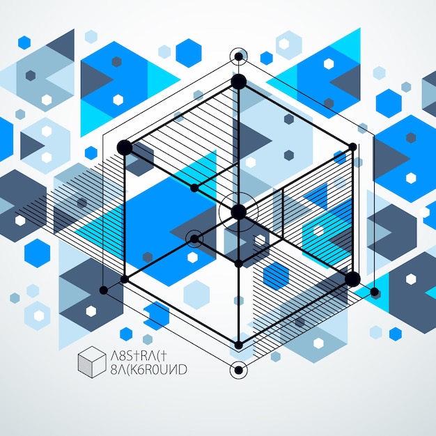 Fondo de pantalla azul vectorial de tecnología de ingeniería hecho con cubos y líneas 3D. Papel pintado tecnológico de ingeniería hecho con panales. Antecedentes técnicos abstractos.