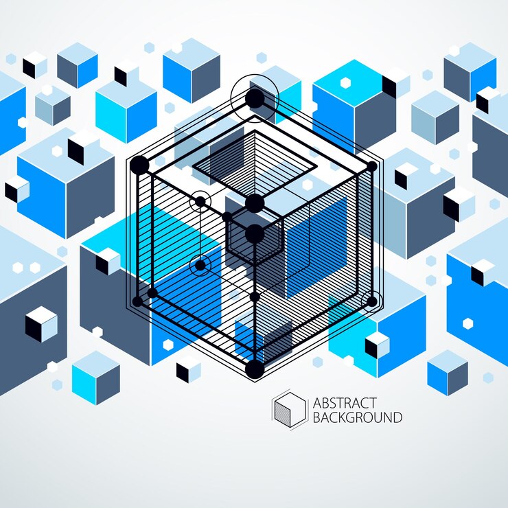 Vector fondo de pantalla azul vectorial de tecnología de ingeniería hecho con cubos y líneas 3d. papel pintado tecnológico de ingeniería hecho con panales. antecedentes técnicos abstractos.