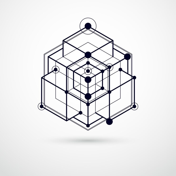Vector fondo de pantalla en blanco y negro vectorial de tecnología de ingeniería hecho con cubos y líneas 3d. papel pintado tecnológico de ingeniería hecho con panales. antecedentes técnicos abstractos.