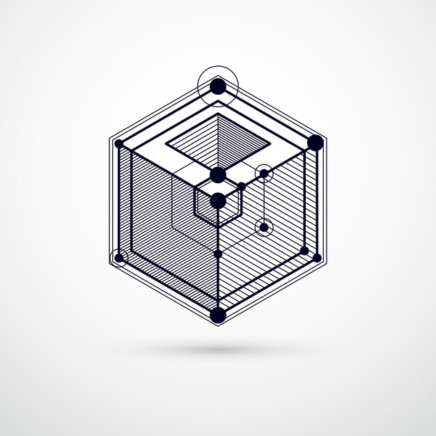 Fondo de pantalla en blanco y negro vectorial de tecnología de ingeniería hecho con cubos y líneas 3D. Papel pintado tecnológico de ingeniería hecho con panales. Antecedentes técnicos abstractos.