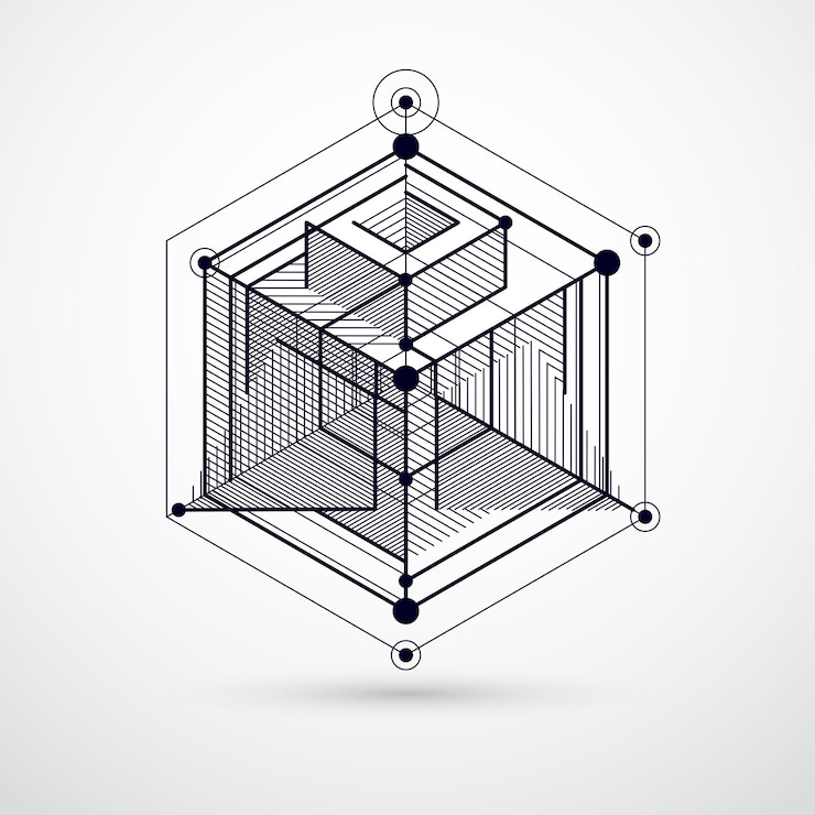 Vector fondo de pantalla en blanco y negro vectorial de tecnología de ingeniería hecho con cubos y líneas 3d. papel pintado tecnológico de ingeniería hecho con panales. antecedentes técnicos abstractos.