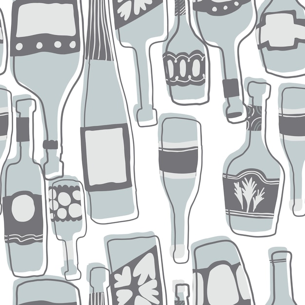 Fondo de pantalla de botellas de vidrio diferentes simples dibujados a mano. Fondo transparente con botellas de bar. Ilustración vectorial