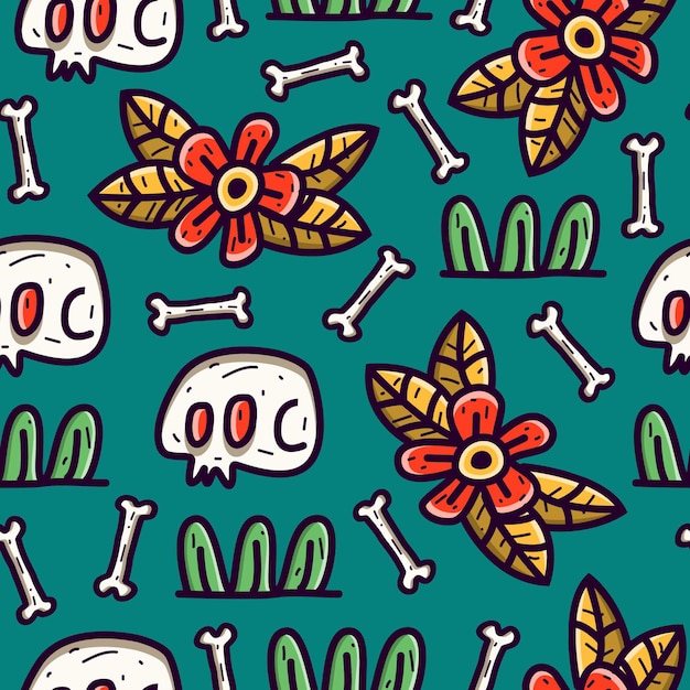 Fondo de pantalla de diseño de patrones sin fisuras de doodle de cráneo