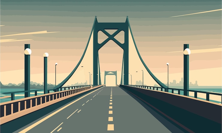 Vector fondo de pantalla elegante puente vista panorámica colores delicados ciudad mar pasaje artístico ingeniería de ia generativa postal majestuosa diseño de puerta dorada concepto de infraestructura ilustración vectorial