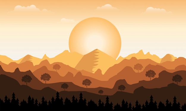 Fondo de pantalla de ilustración paisaje de puesta de sol montañas marrones y árboles de bosque de navidad