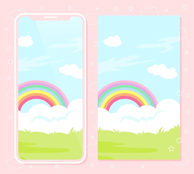 Vector fondo de pantalla y maqueta de teléfono móvil de color pastel kawaii