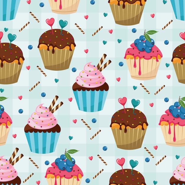 Vector fondo de pantalla de muffin dulce bocadillo de patrones sin fisuras magdalena