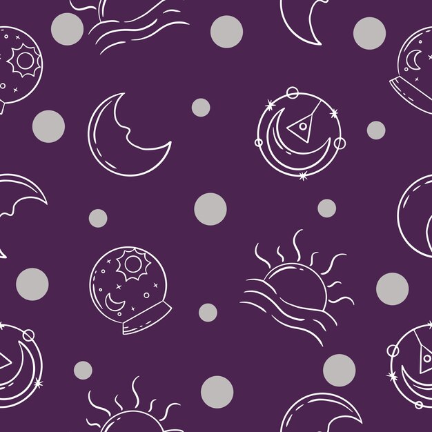 Fondo de pantalla de objetos aleatorios de mano y luna de patrones sin fisuras con diseño púrpura