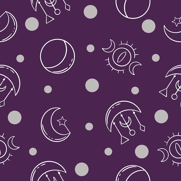Fondo de pantalla de objetos aleatorios de mano y luna de patrones sin fisuras con diseño púrpura