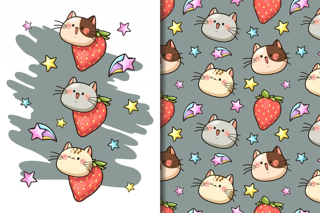 Fondo de pantalla y patrón de cara linda gato, fresa y dibujos animados de estrellas,