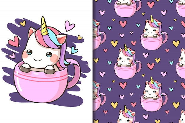 Fondo de pantalla y patrón sin costuras pequeño unicornio en una taza de  café de dibujos animados | Vector Premium