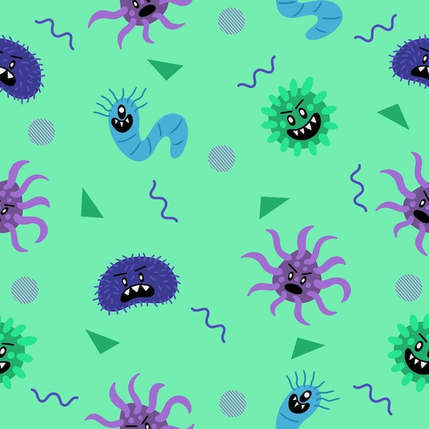 Vector fondo de pantalla de patrones sin fisuras de bacterias coloridas malas lindas con diseño azul verdoso claro