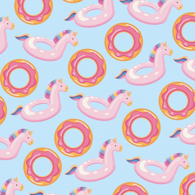 Fondo de pantalla de patrones sin fisuras de donut y unicornio flotante