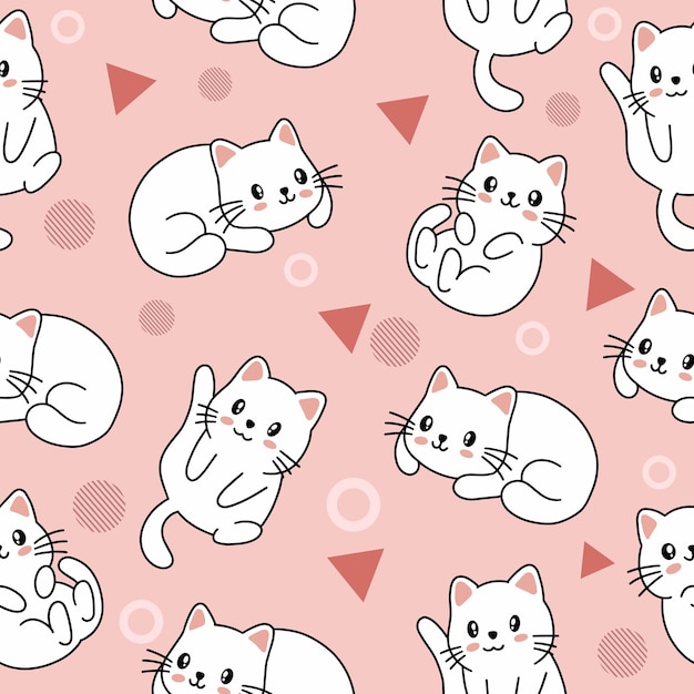 Fondo de pantalla de patrones sin fisuras de lindo animal pequeño gato con diseño rosa claro